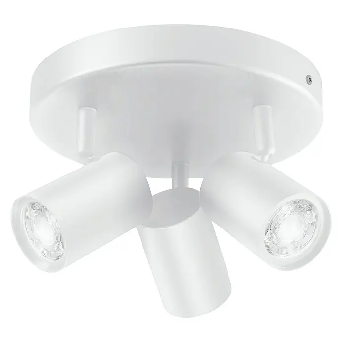Philips Wiz LED-Deckenstrahler rund Imageo - 15 W, RGBW, Anzahl Leuchtmittel: 3 Stk., L x B x H: 21 x 21 x 12,3 cm, Weiß - Nahaufnahme einer weißen Deckenleuchte mit drei Strahlern, die für eine moderne Beleuchtungslösung sorgt.