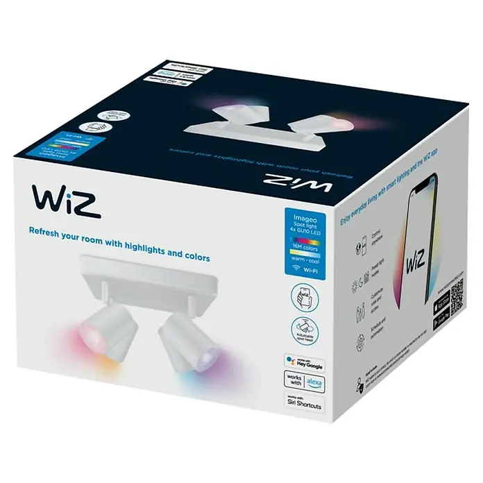 Philips Wiz LED-Deckenstrahler Imageo - 20 W, L x B x H: 22 x 22 x 12,3 cm, Weiß, RGBW - Produktverpackung der WiZ Imageo Spot Light mit 4x GU10 LED. Intelligente Beleuchtung mit 16M Farben, warm-kalt Licht und Wi-Fi Funktion.