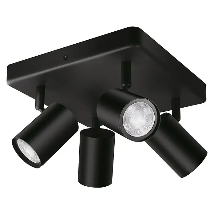 Philips Wiz LED-Deckenstrahler Imageo - 20 W, L x B x H: 22 x 22 x 12,3 cm, Schwarz, RGBW - Schwarze Deckenleuchte mit vier verstellbaren Strahlern für eine flexible Beleuchtung im Raum.