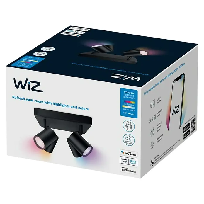 Philips Wiz LED-Deckenstrahler Imageo - 20 W, L x B x H: 22 x 22 x 12,3 cm, Schwarz, RGBW - Produktverpackung für WiZ Imageo Strahler mit 4x GU10 LED, 16M Farben, warm-kalt Weiss und Wi-Fi Funktion für smarte Beleuchtung.