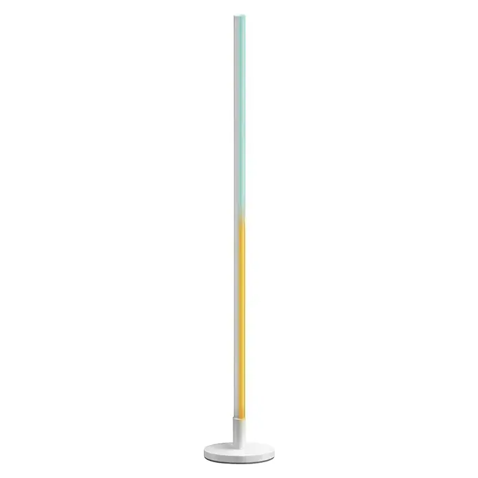 Philips Wiz LED-Stehleuchte Pole - 12 W, Höhe: 150 cm, Weiß, RGBW - Nahaufnahme einer schlanken, stehenden Lampe mit einem weißen Sockel und Farbverlauf von Gold zu Türkis.
