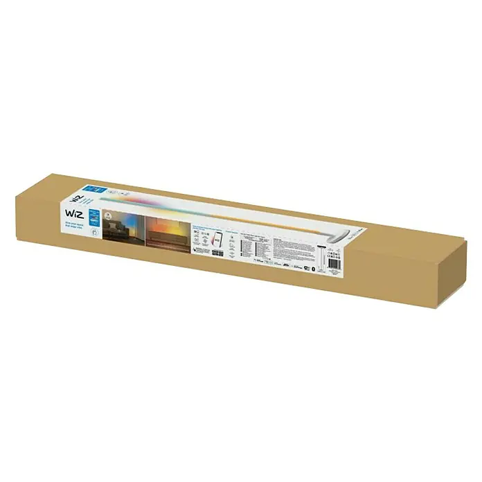 Philips Wiz Lámpara de pie LED Pole - 12 W, Altura: 150 cm, Blanco, RGBW - Una barra de luz WiZ en su embalaje, mostrando el producto y sus características. El embalaje es marrón claro y rectangular.
