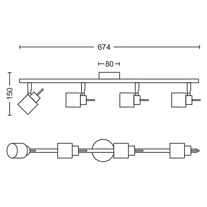 Philips Deckenstrahler Meranti - 140 W, L x B x H: 8 x 67,4 x 15 cm, Weiß, GU10, 4 Stk. - Produktskizze einer linearen Deckenleuchte mit vier Strahlern und Maßangaben für Breite und Höhe.