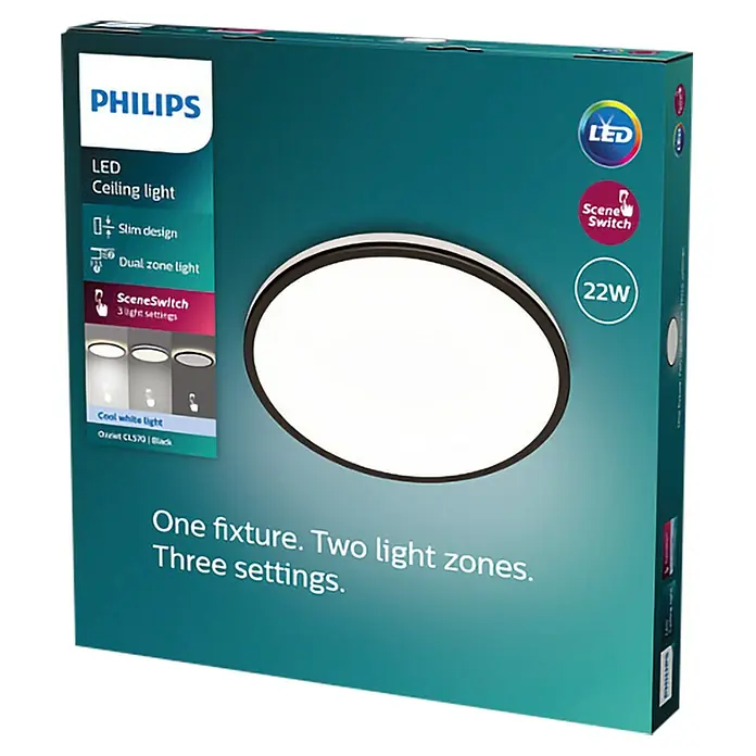Philips Plafón LED redondo Ozziet - 22 W, Ø x Al: 40 cm x 4,5 mm, Negro, Blanco, Blanco neutro - Embalaje de una lámpara de techo LED Philips con diseño delgado, luz de doble zona y SceneSwitch con 3 configuraciones de luz.
