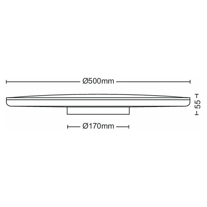 Philips Plafón LED redondo Ozziet - 36 W, Ø x Al: 50 cm x 4,5 mm, Negro, Blanco, Blanco neutro - Diagrama acotado de una lámpara de techo LED plana y redonda, con Ø500mm (total), Ø170mm (central) y altura 55mm.