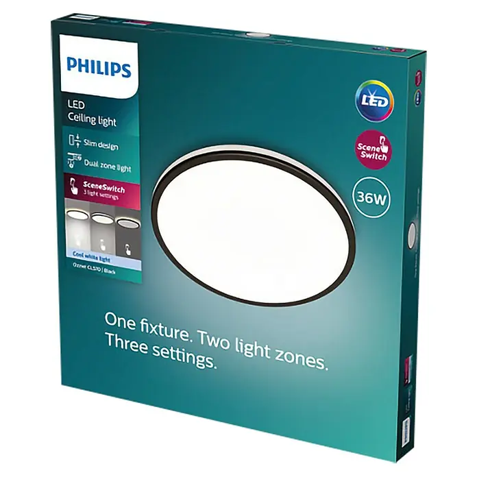 Philips Plafón LED redondo Ozziet - 36 W, Ø x Al: 50 cm x 4,5 mm, Negro, Blanco, Blanco neutro - Embalaje de una lámpara de techo LED Philips con varias funciones y ajustes para una iluminación versátil.