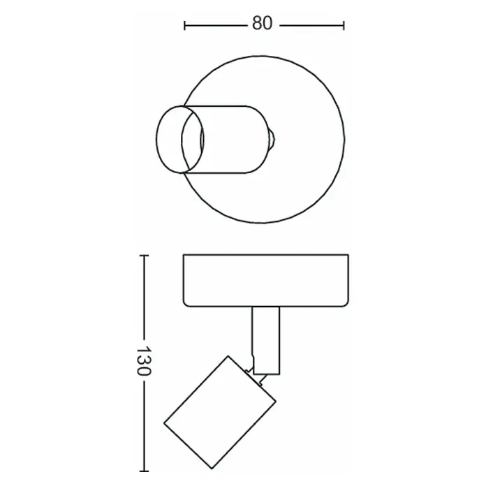 Philips Foco de pared Limbali - 50 W, L x An x Al: 8 x 8 x 13 cm, Blanco, GU10 - Esquema de una lámpara de pared, dimensiones: 80 mm de ancho y 130 mm de alto.