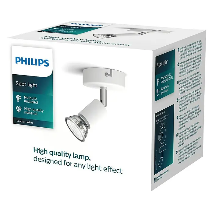 Philips Foco de pared Limbali - 50 W, L x An x Al: 8 x 8 x 13 cm, Blanco, GU10 - Foco Philips Limbali en blanco, sin bombilla, con cabezal ajustable para efectos de luz personalizados.