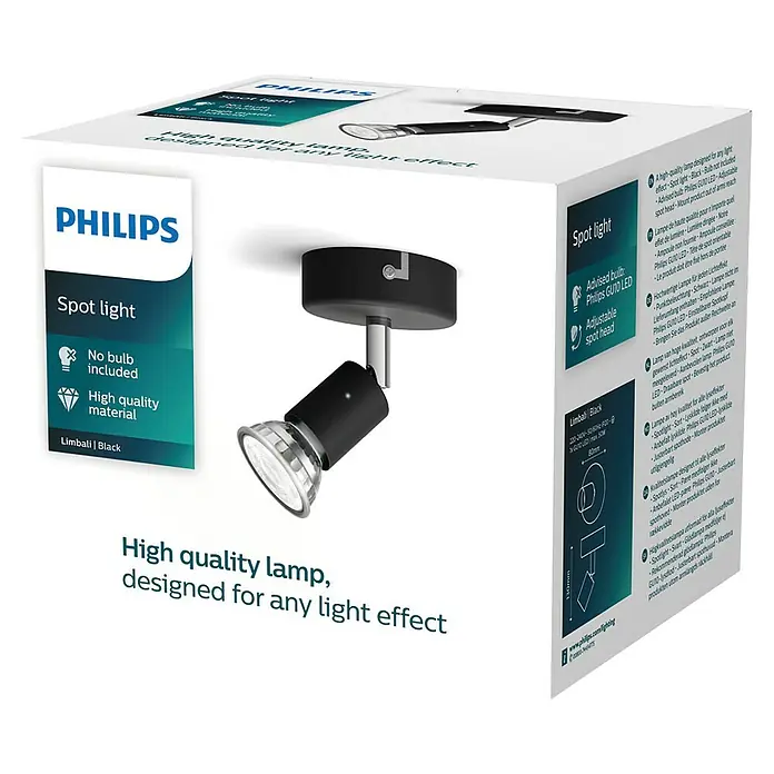 Philips Foco de pared Limbali - 50 W, L x An x Al: 8 x 8 x 13 cm, Negro, GU10 - Foco Philips Limbali negro, sin bombilla, para efectos de luz dirigidos. Material de alta calidad y cabezal ajustable.