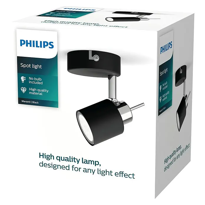 Philips Deckenstrahler Meranti - 35 W, L x B x H: 8 x 8 x 15,5 cm, Schwarz, GU10, 1 Stk. - Produktverpackung einer schwarzen Philips Meranti Spotleuchte. Das Produkt ist hochwertig und für jeden Lichteffekt geeignet.