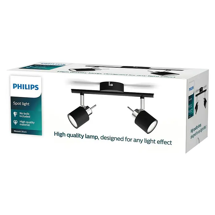Philips Deckenstrahler Meranti - 70 W, L x B x H: 8 x 27,4 x 15,5 cm, Schwarz, GU10, 2 Stk. - Die Verpackung einer Philips Meranti | Black Spotleuchte, eine hochwertige Lampe, die für jeden Lichteffekt entworfen wurde und keine Birne enthält.