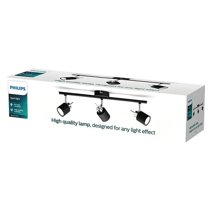 Philips Deckenstrahler Meranti - 105 W, L x B x H: 8 x 47,4 x 15,5 cm, Schwarz, GU10, 3 Stk. - Die Verpackung einer Philips Spotleuchte. Auf der Verpackung sind Abbildungen der schwarzen Lampe und der Markenname abgebildet.