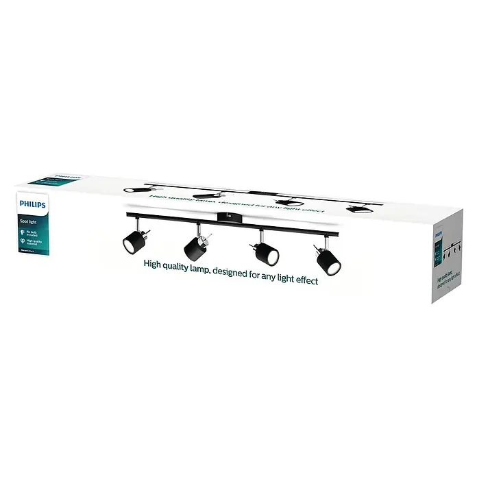 Philips Deckenstrahler Meranti - 140 W, L x B x H: 8 x 67,4 x 15 cm, Schwarz, GU10, 4 Stk. - Verpackung einer Philips Spotleuchte, hochwertig verarbeitet und für vielfältige Lichteffekte konzipiert. Perfekt für modernes Wohnen.