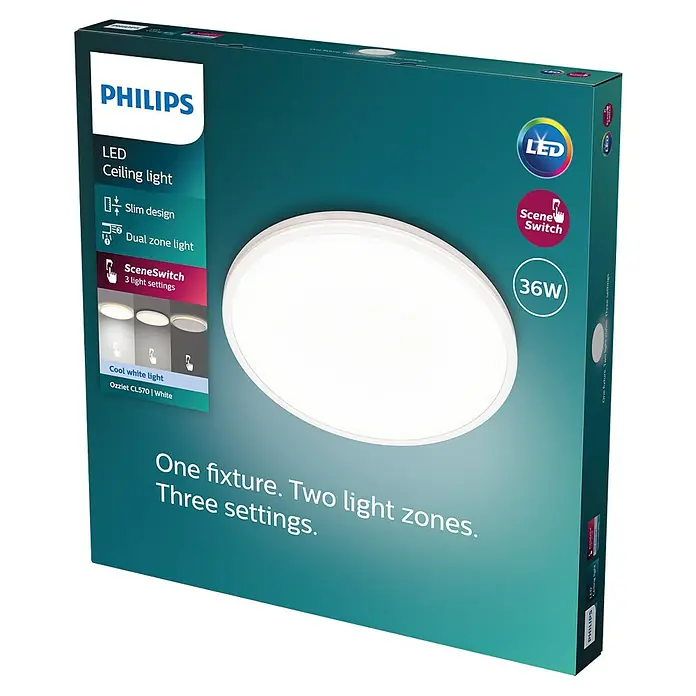 Philips Plafón LED redondo Ozziet - 36 W, Ø x Al: 50 cm x 4,5 mm, Blanco, Blanco, Blanco neutro - Una lámpara de techo LED Philips en su embalaje. Cuenta con 36W, SceneSwitch y luz de zona dual.