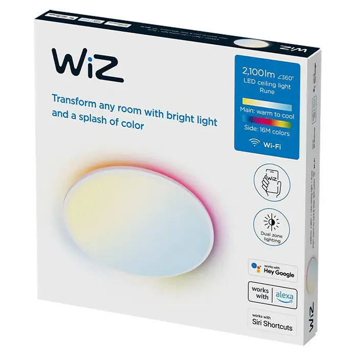 Philips Wiz Plafón LED redondo Rune - 21 W, Ø x Al: 40 x 4,5 cm, Blanco, Blanco, Blanco frío - Lámpara de techo LED WiZ Rune con 2.100 lúmenes, cambio de color y control por voz para una iluminación personalizable en cualquier habitación.
