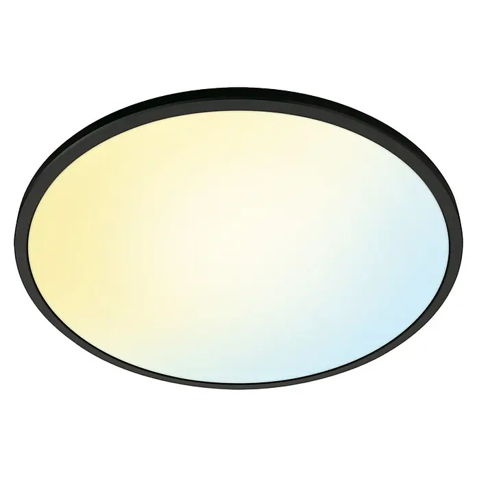 Philips Wiz LED-Panel rund SuperSlim - 22 W, Ø x H: 43 x 2,3 cm, Schwarz, Kaltweiß - Runde LED-Deckenleuchte mit schwarzem Rahmen, die ein sanftes, diffuses Licht in Gelb- und Blautönen abgibt und eine moderne Ästhetik bietet.