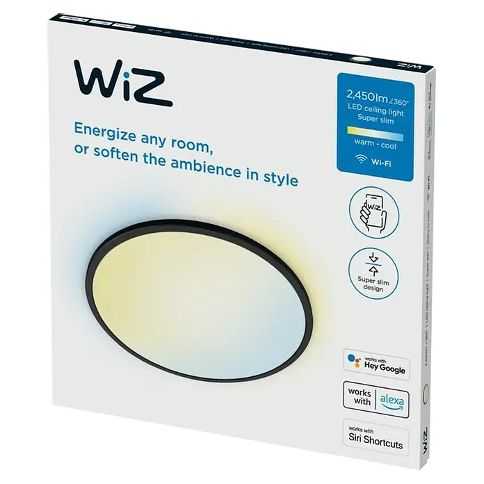 Philips Wiz LED-Panel rund SuperSlim - 22 W, Ø x H: 43 x 2,3 cm, Schwarz, Kaltweiß - Produktbild der WiZ LED Deckenleuchte, die mit smarten Funktionen wie Sprachsteuerung und Dimmbarkeit für ein angenehmes Ambiente wirbt.