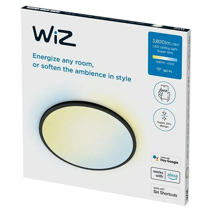 Philips Wiz LED-Panel rund SuperSlim - 32 W, Ø x H: 55 x 2,3 cm, Schwarz, Kaltweiß - Eine WiZ LED Deckenleuchte in schlankem Design, die mit smarten Funktionen wie Sprachsteuerung und Farbtemperaturanpassung überzeugt.