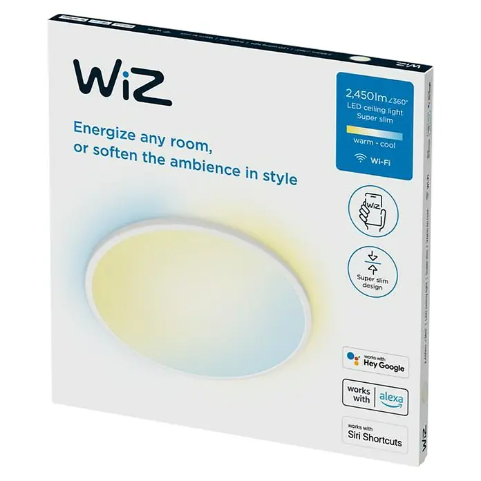 Philips Wiz LED-Panel rund SuperSlim - 22 W, Ø x H: 43 x 2,3 cm, Weiß, Kaltweiß - Nahaufnahme einer WiZ LED-Deckenleuchte, die warmes und kühles Licht bietet und mit Smart Home-Systemen wie Alexa kompatibel ist.