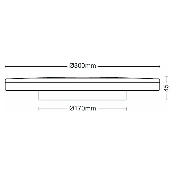 Philips Plafón LED redondo Ozziet - 18 W, Ø x Al: 30 cm x 4,5 mm, Negro, Blanco, Blanco neutro - Imagen del producto con dimensiones para una lámpara de techo con 300 mm de diámetro y 45 mm de altura y una conexión de techo de 170 mm de diámetro.
