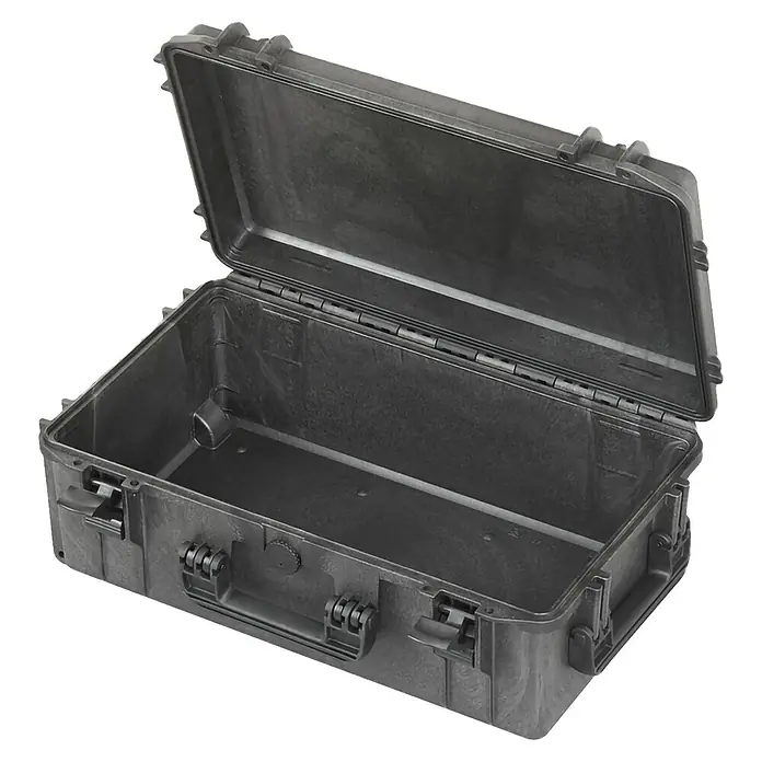 Wasserdichter Koffer MAX520 - L x B x H: 574 x 361 x 225 mm, Ohne Schaumstoffeinlage, Schwarz, Kunststoff - Ansicht eines geöffneten, robusten und wasserdichten Transportkoffers. Der Koffer ist leer und bereit für den Einsatz.