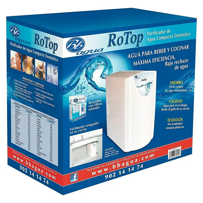 Bb agua Equipo de ósmosis inversa RO Top - Caudal: 100 l/día - Embalaje del filtro de agua Bb agua RoTop, diseño compacto para uso doméstico, con beneficios del producto y datos técnicos.