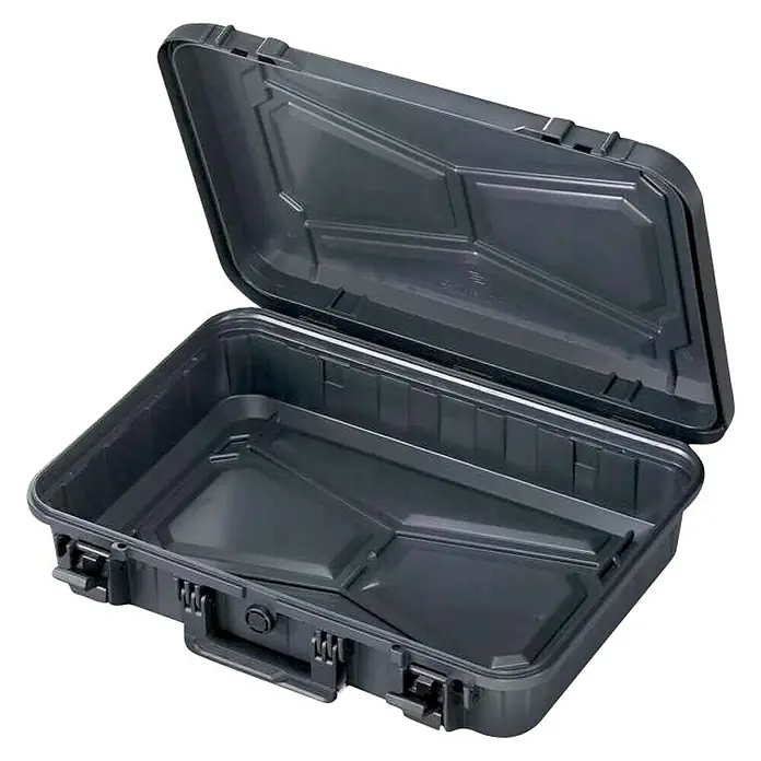 Wasserdichter Koffer EKO90 - L x B x H: 520 x 350 x 125 mm, Ohne Schaumstoffeinlage, Grau, Kunststoff - Eine offene, schwarze Hartschalenbox, die Robustheit und Schutz für den Inhalt verspricht. Ideal für den Transport empfindlicher Gegenstände.