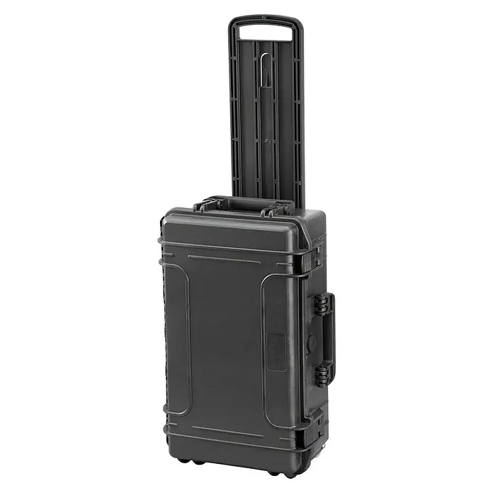 Wasserdichter Koffer MAX520TR - L x B x H: 585 x 361 x 238 mm, Ohne Schaumstoffeinlage, Ausziehbarer Trolley, Schwarz, Kunststoff - Schwarzer Rollkoffer mit ausziehbarem Griff, ideal für den sicheren Transport von Ausrüstung und persönlichem Eigentum. Robust und zuverlässig.