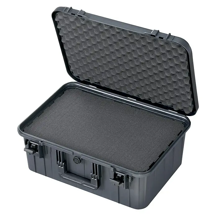 Wasserdichter Koffer EKO90 - L x B x H: 520 x 350 x 210 mm, Mit Würfelschaumstoffeinlage, Grau, Kunststoff - Ein robustes, offenes, schwarzes Transportgehäuse mit Noppenschaumstoffauskleidung für sicheren Schutz von Ausrüstung.