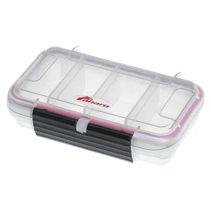 Wasserdichter Koffer MAXGRIP - L x B x H: 175 x 115 x 47 mm, Mit Unterteilungen, Transparent, Kunststoff - Klarsichtige Panaro Angelkiste mit Fächern, ideal zur Aufbewahrung von Angelzubehör, mit schwarzem Verschluss und roter Dichtung.