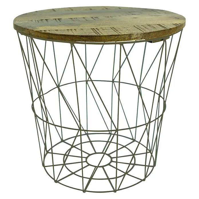 Beistelltisch Industrial - Ø x H: 39,5 x 40 cm, Mangoholz - Stylischer Beistelltisch mit Holzplatte und geometrischem Drahtgestell für einen modernen Look. Perfekt als Ablagefläche im Wohnbereich.