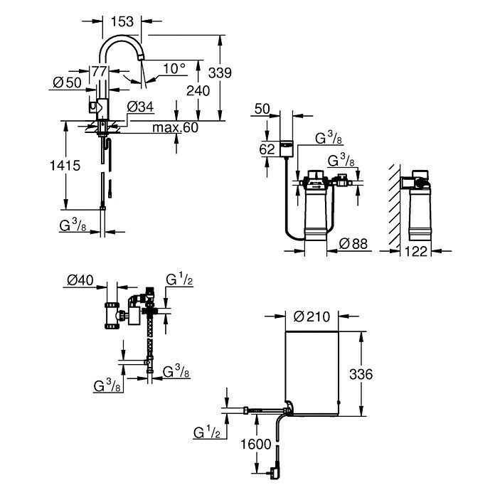 Grohe Standventil Red II MonoC-Auslauf, Boiler: Größe M, Chrom Front View