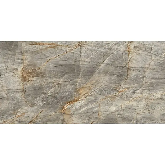 Feinsteinzeugfliese Theodis - L x B: 60 x 120 cm, Beige/Grau, Glänzend - Detailaufnahme einer grauen Marmorfliese mit natürlichen Maserungen und goldenen Akzenten, ideal für elegante Innenräume.