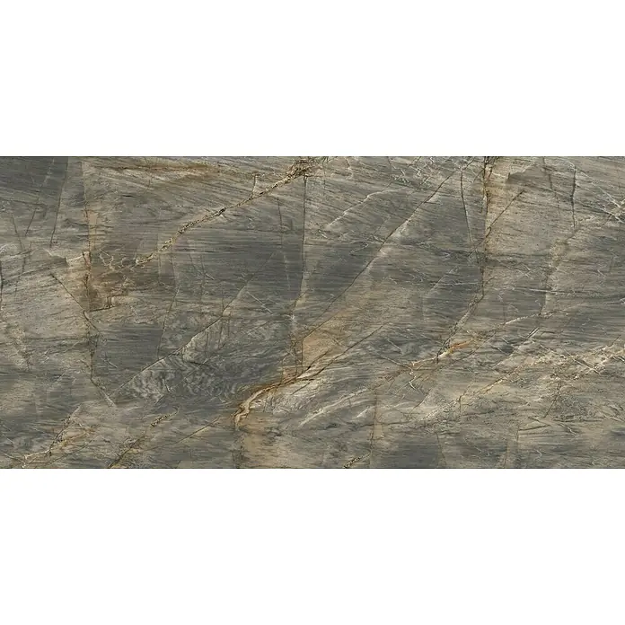 Feinsteinzeugfliese Theodis - L x B: 60 x 120 cm, Grau/Braun/Beige, Glänzend - Graue Marmorplatte mit natürlichen Maserungen und Texturen. Ideal für stilvolle Innenräume mit elegantem Design und natürlicher Optik.