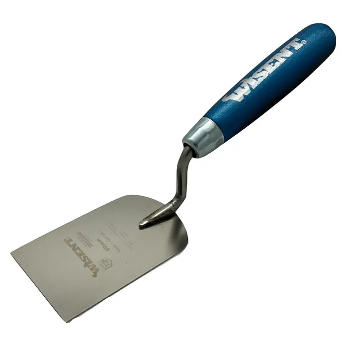 Wisent Stukkateurspachtel - Breite: 60 mm, Qualitätsstahl rostfrei - Nahaufnahme einer Wisent-Spachtel mit blauem Griff, ideal zum Auftragen von Putz, Spachtelmasse oder anderen Materialien im Bauwesen.