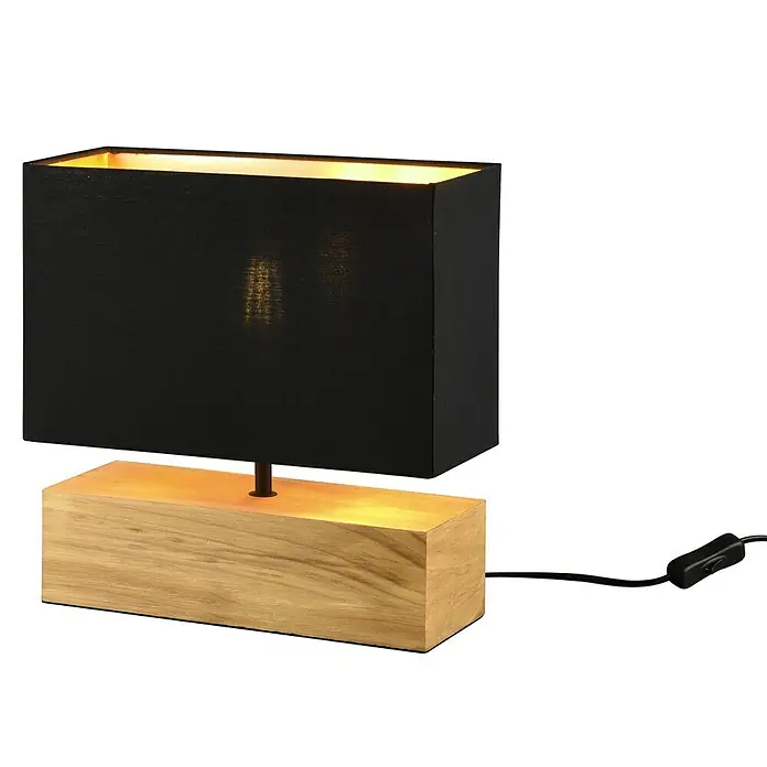 Trio Lighting Lámpara de sobremesa Woody - 60 W, L x An x Al: 12 x 30 x 30 cm, Madera, E27 - Elegante lámpara de mesa con pantalla rectangular negra y base de madera, que proporciona una iluminación cálida. Ideal para mesitas de noche.