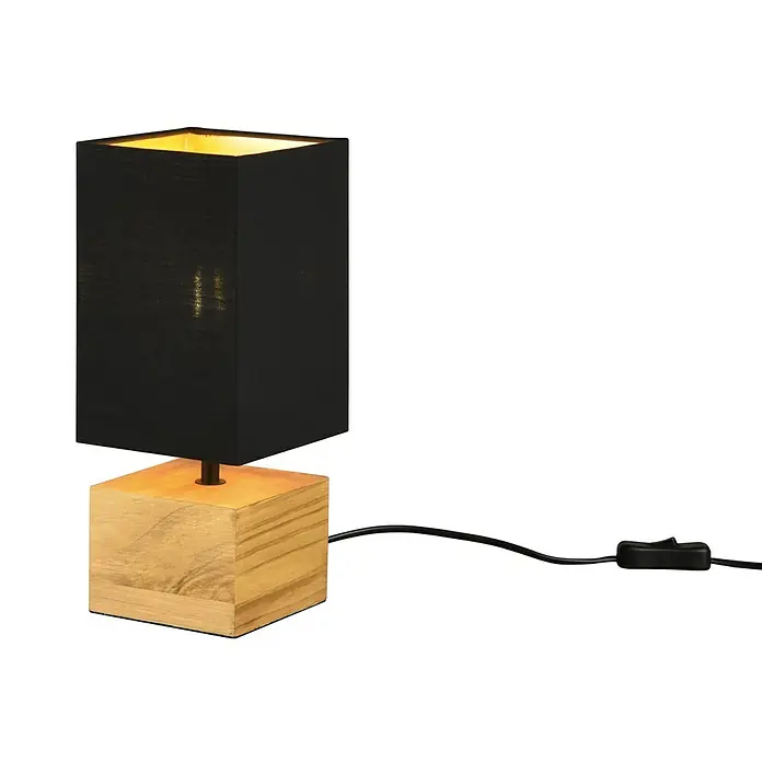 Trio Lighting Lámpara de sobremesa Woody - 40 W, L x An x Al: 12 x 12 x 30 cm, Madera, E14 - Una lámpara de mesa moderna con una base de madera cuadrada y una pantalla negra, que emite una luz cálida.