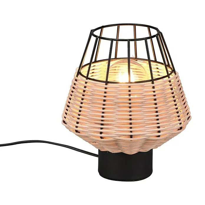 Trio Lighting Lámpara de sobremesa redonda Borka - 40 W, Ø x Al: 17 x 20 cm, Negro/Ratán, E27 - Elegante lámpara de mesa con pantalla de ratán claro, combinada con base y estructura de metal negro. Un objeto decorativo con estilo.