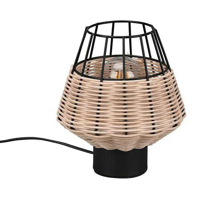 Trio Lighting Lámpara de sobremesa redonda Borka - 40 W, Ø x Al: 17 x 20 cm, Negro/Ratán, E27 - Primer plano de una lámpara de mesa de ratán con estructura de metal negro y bombilla, creando un ambiente acogedor para tu hogar.
