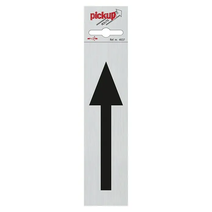 Pickup Symbolschild - Motiv: Pfeil, L x B: 165 x 44 mm - Richtungsschild für Abholrouten mit großem schwarzem Pfeil, der nach oben zeigt, ideal für die Navigation auf zugewiesenen Routen.