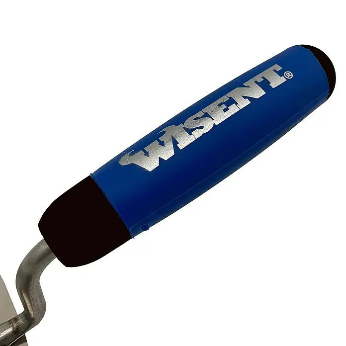 Wisent Stukkateurspachtel - Breite: 80 mm, Qualitätsstahl rostfrei, Typ Griff: 2K-Griff - Nahaufnahme eines Wisent-Maurerkellenhandgriffs mit blauem Griff und silbernem Logo, ideal für Bauarbeiten.
