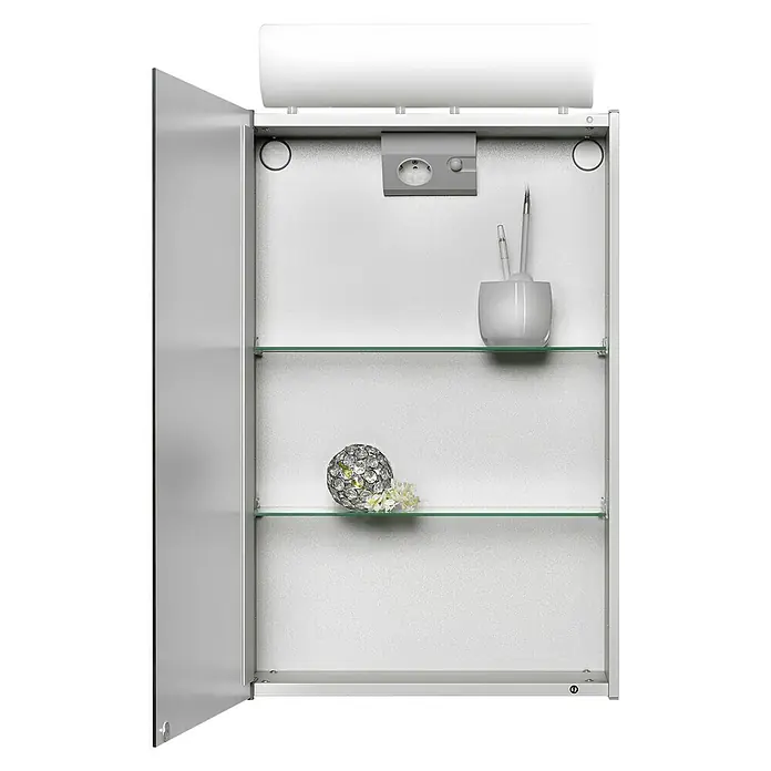 Jokey Spiegelschrank SingleAlu - B x H: 45 x 77 cm, Silber - Ein offener Spiegelschrank mit Regalen, Beleuchtung und Steckdose für ein Badezimmer, alles in Silber gehalten.