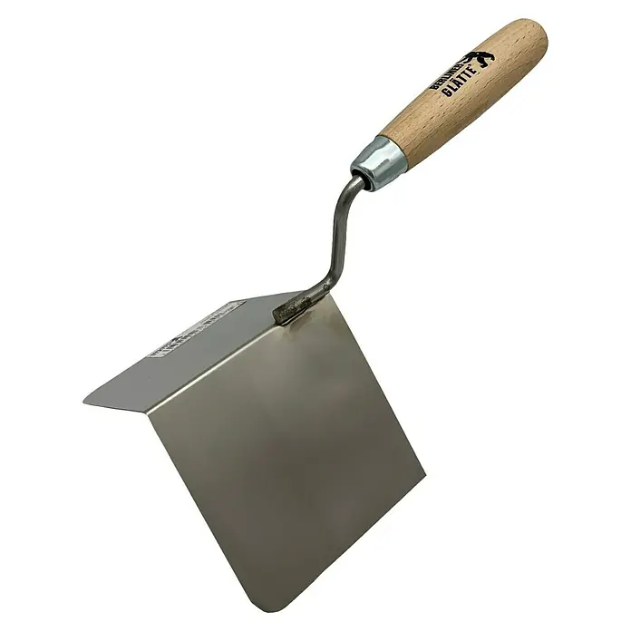 Berliner Glätte Außeneckenkelle - 100 mm - Eckspachtel mit Holzgriff und Metallblatt zum Glätten von Ecken und Kanten. Ein unverzichtbares Werkzeug für Handwerker und Heimwerker.