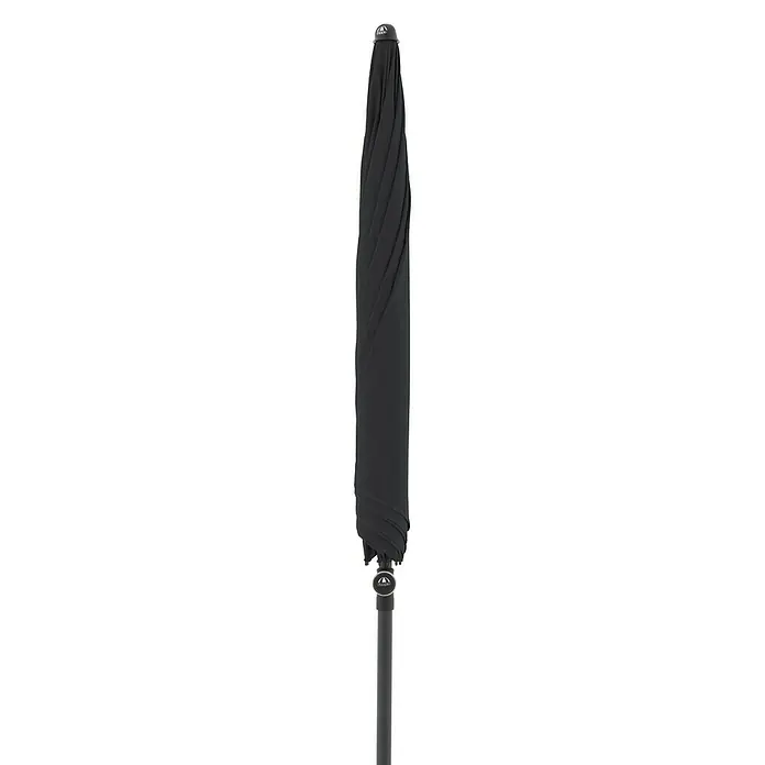 Doppler Active Marktschirm rund Green Edition - Anthrazit, Durchmesser Bespannung: 208 cm - Ein detailreiches Bild eines geschlossenen, schwarzen Sonnenschirms. Das schlanke Design und die hochwertige Verarbeitung sind gut erkennbar.