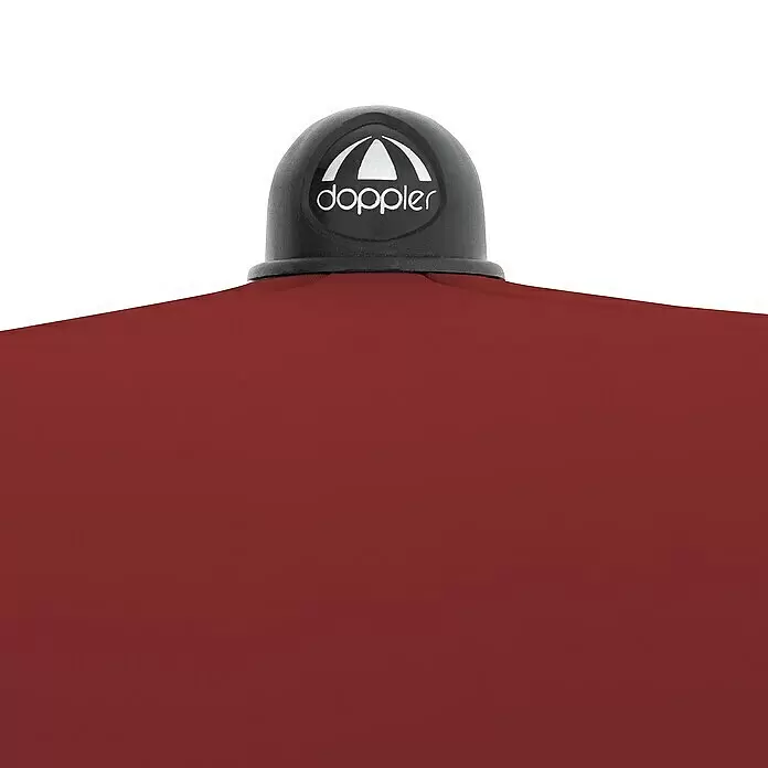 Doppler Active Marktschirm rund Green Edition - Bordeaux, Durchmesser Bespannung: 208 cm - Roter Regenschirmbezug mit schwarzer Kappe und weißem Doppler-Logo mit Schirmsymbol.