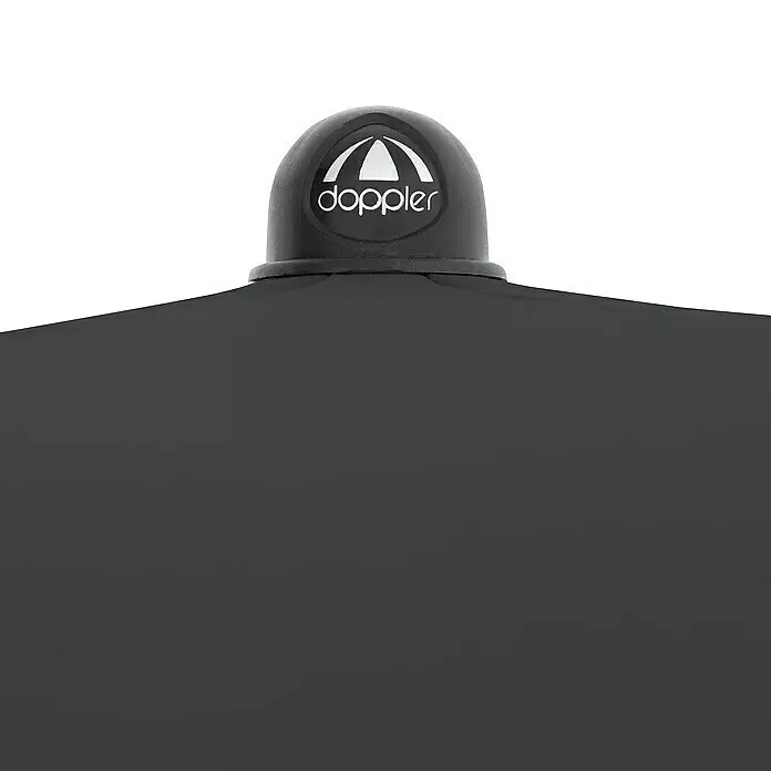Doppler Active Marktschirm rund Green Edition - Anthrazit, Durchmesser Bespannung: 208 cm - Schwarze Regenschirmspitze mit weißem 'Doppler'-Logo und Schirmsymbol.
