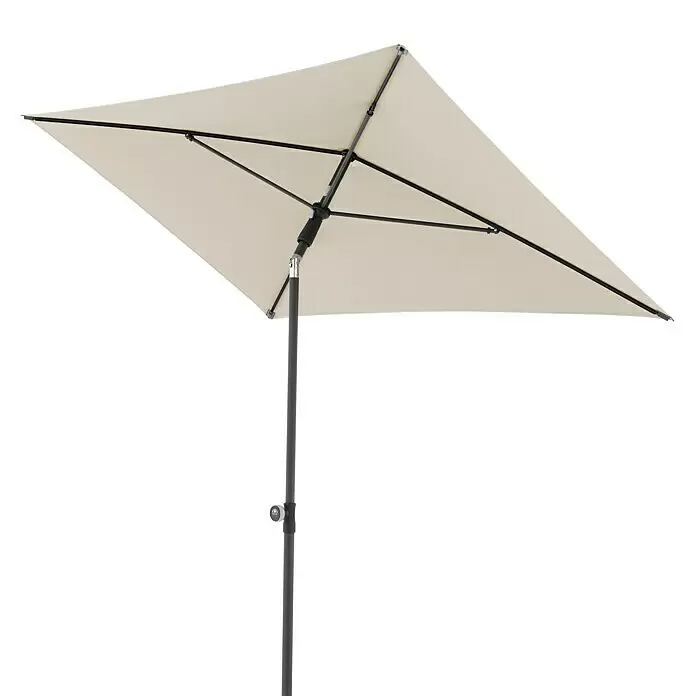 Doppler Active Marktschirm Green Edition - Natur, Bespannungsmaß (L x B): 120 x 200 cm - Beiger, rechteckiger Sonnenschirm mit dunkelgrauem Gestell und Stange.