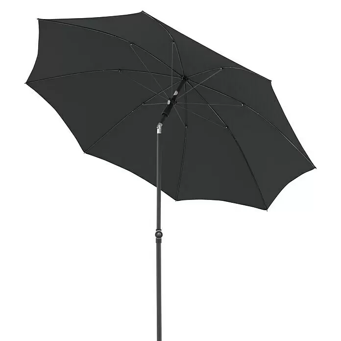 Doppler Active Marktschirm rund Green Edition - Anthrazit, Durchmesser Bespannung: 208 cm - Schwarzer Sonnenschirm mit dunkelgrauem Gestell und Stange, geöffnet und schräg für Schatten.