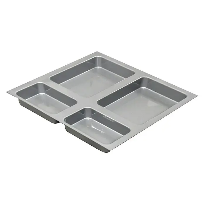 Base de fijación para contenedor - L x An x Al: 47,3 x 50,9 x 5,2 cm - Imagen de una bandeja para cubiertos rectangular gris con cuatro compartimentos, hecha de material resistente, ideal para organizar los cubiertos de manera eficiente.
