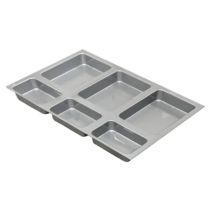 Base de fijación para contenedor - L x An x Al: 47,3 x 70,9 x 5,2 cm - Bandeja para cubiertos plateada con múltiples compartimentos para guardar utensilios de cocina y organizar cajones.